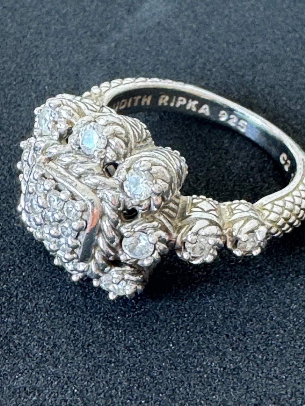 Judith Ripka 925 Sterling Silver CZ Square Cluster Cocktail Ring Size 8